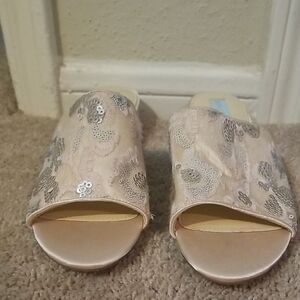 Betsey Johnson Cream and Silver Mules with Floral Design